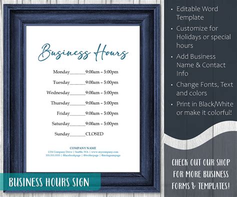 Business Hours Sign Editable Printable Template Store Hours Hours