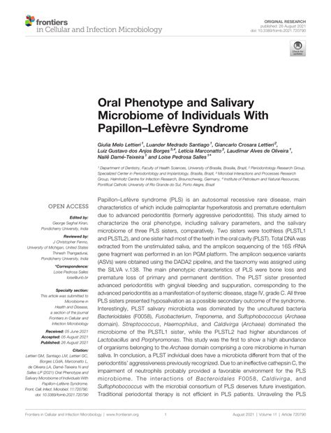 PDF Oral Phenotype And Salivary Microbiome Of Individuals With