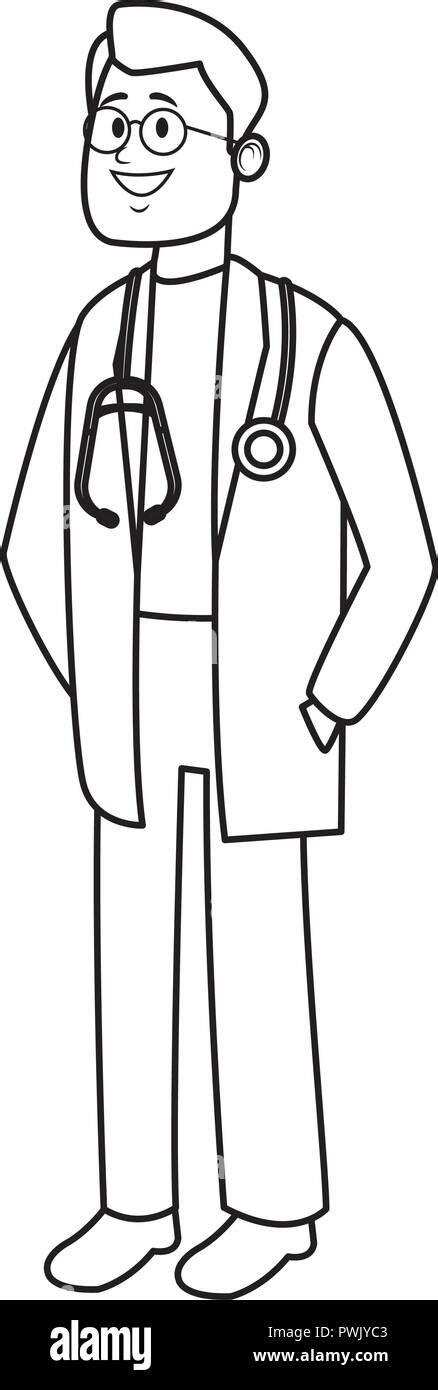 Male doctor with stethoscope cartoon in black and white vector ...