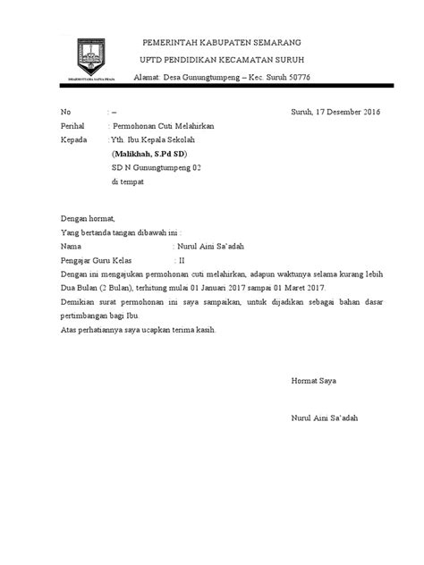 Surat Ijin Cuti Melahirkan Untuk Guru Pdf