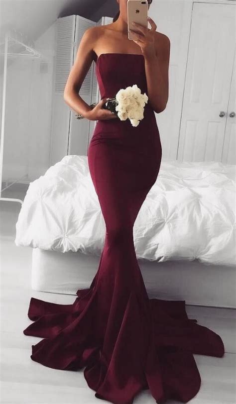 Elegant Strapless Mermaid Long Burgundy Evening Dress Burgundy Prom