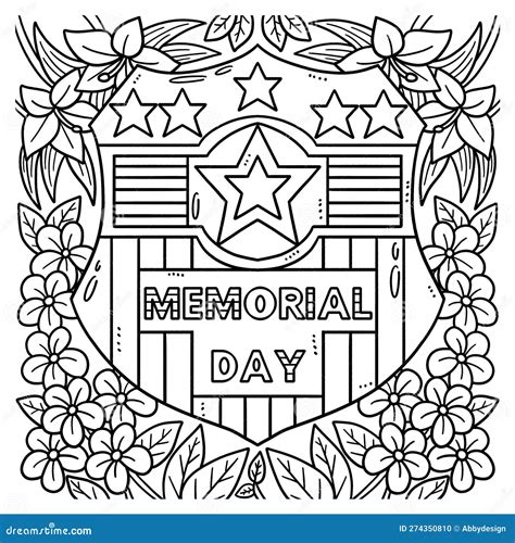 Memorial Day Flowers And Flag Badge Coloring Page Stock Vector