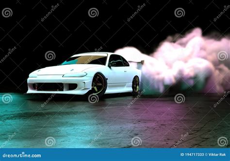 White Luxury Sports Car Drifting With Smoke On Neon Illuminated Road At