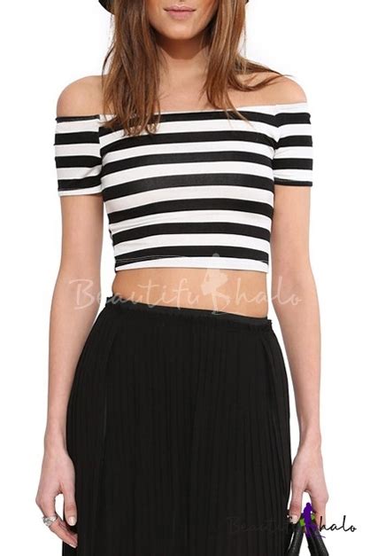 Off The Shoulder Short Sleeve Stripe Print Crop T Shirt