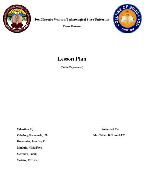 Lesson Plan Don Honorio Ventura Technological State University Pdf