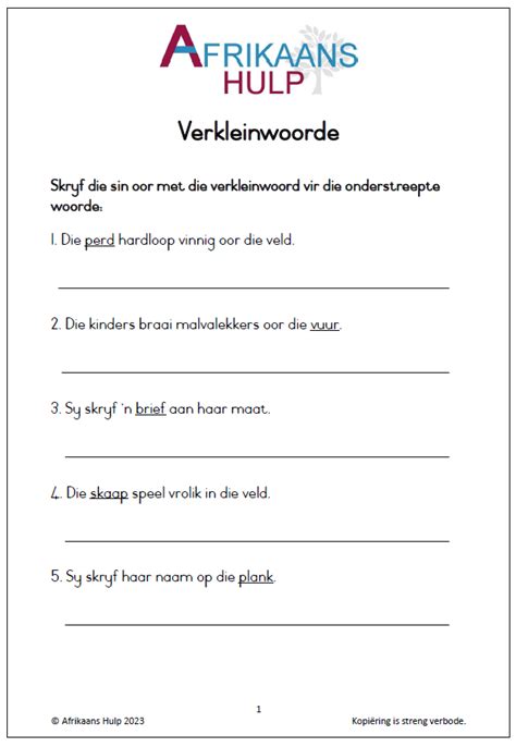 Verkleinwoorde Graad 3 2 Afrikaans Hulp