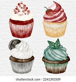 Watercolor Cupcake Clip Art Element Collection Stock Vector Royalty