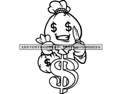 Gangster Money Bag Head Man Cartoon Character Carrying Knife Cash