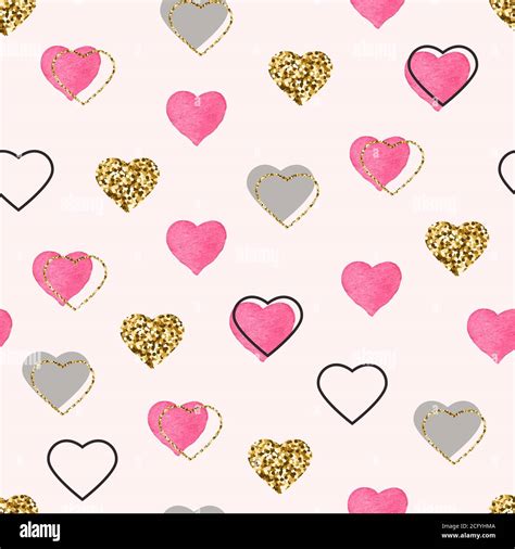 Glitter gold and watercolor pink hearts seamless pattern. Valentines ...