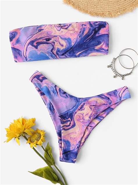 Watercolor Print Bandeau High Leg Bikini Set High Leg Bikini Bikinis