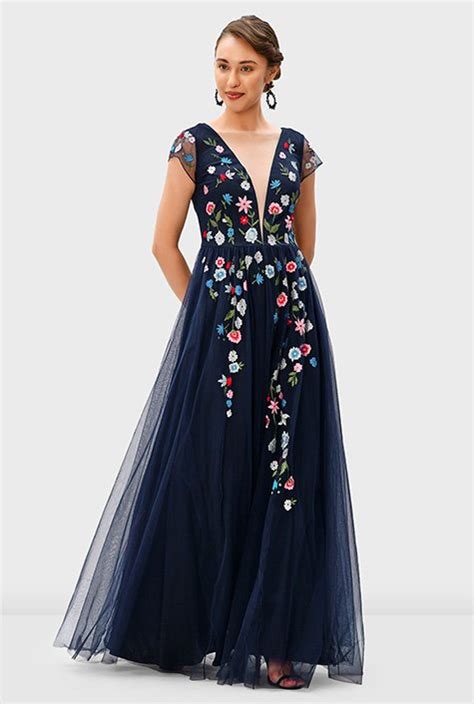 Shop Plunge Floral Embroidery Sheer Mesh Dress Eshakti