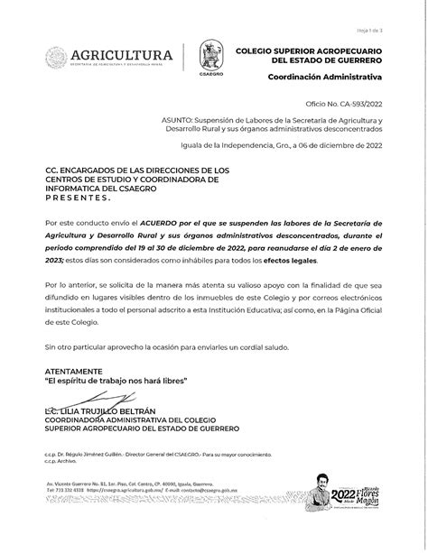 Oficio No Ca Cep Cet Y Ci Suspenci N De Labores De La