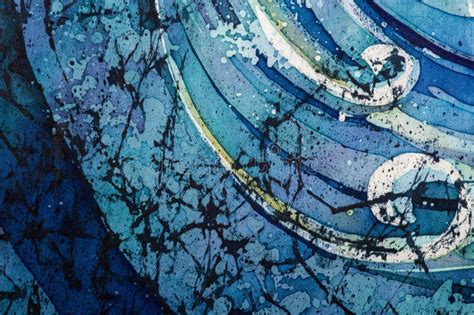 Waves Curly Turquoise Hot Batik Background Texture Handmade On Silk Stock Illustration