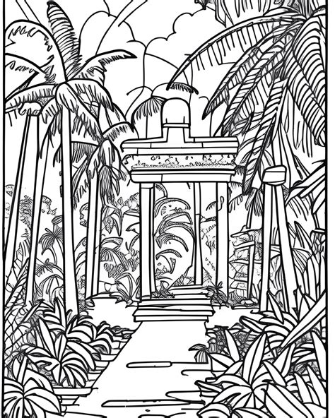 Jungle Scene Ruins Temple Line Art Coloring Page · Creative Fabrica