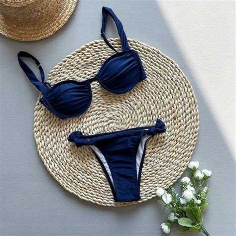 Set De Micro Bikini De Tanga Azul Oscuro Trajes De Ba O Con Ropa Lgido S Lido Sexy Para