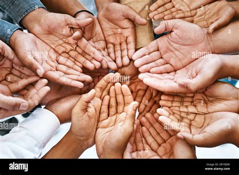 Hands Palm And Diversity Of People In Circle Of Charity Support And