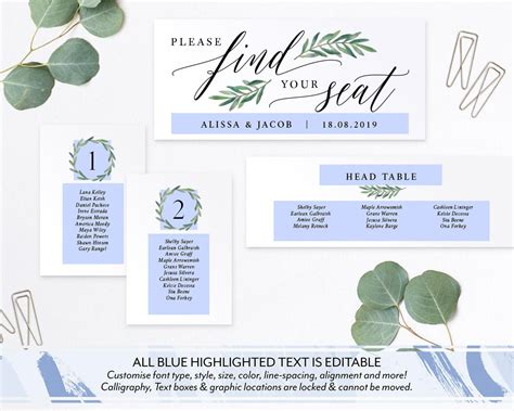 Greenery Seating Chart Wedding Printable Seating Plan Sign Etsy Singapore