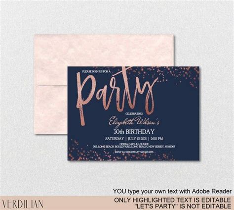 Any Age Birthday Invitation Rose Gold Navy Birthday Invitation For