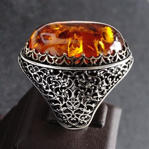 925 Sterling Silver Mens Ring Bakelite Amber Large Unique Etsy