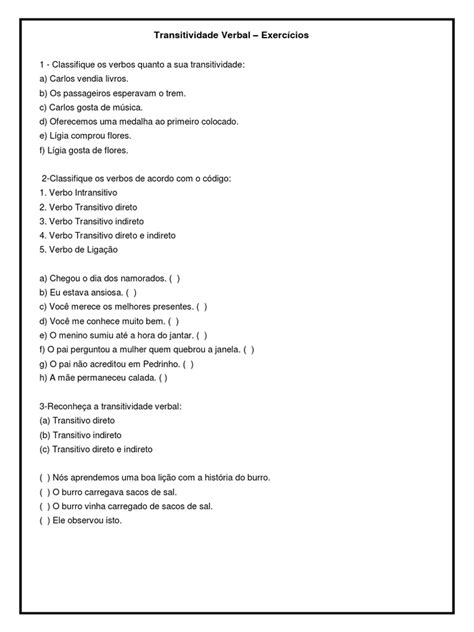 Exercicio Sobre Transitividade Verbal - Exercícios de Transitividade Verbal 7º Ano | PDF