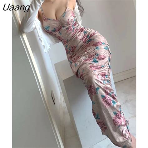 Uaang Summer New Low Cut Sexy Pleated Printing Floral Elegant OL Maxi