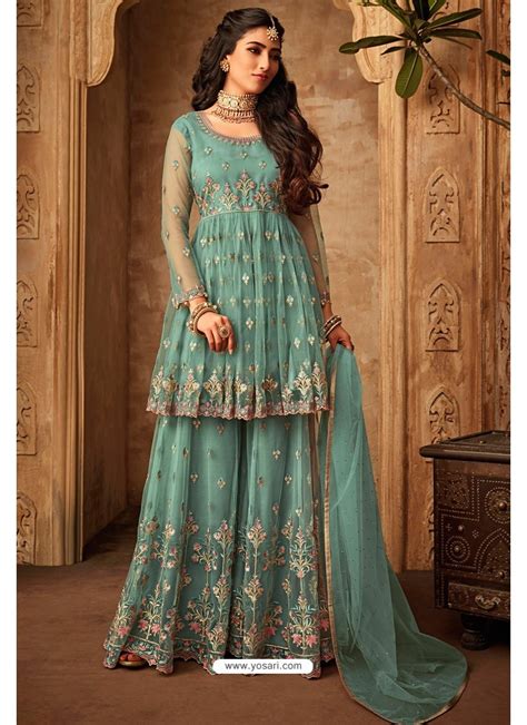 Buy Grayish Green Heavy Designer Party Wear Sharara Suit Palazzo