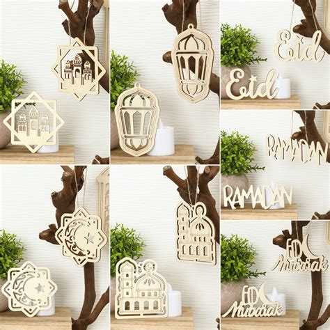 10pcs Wooden Eid Mubarak Pendants Ramadan Ornament DIY Islamic Muslim