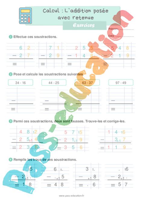 La Soustraction Pos E Avec Retenue Au Ce Exercices Pdf Imprimer