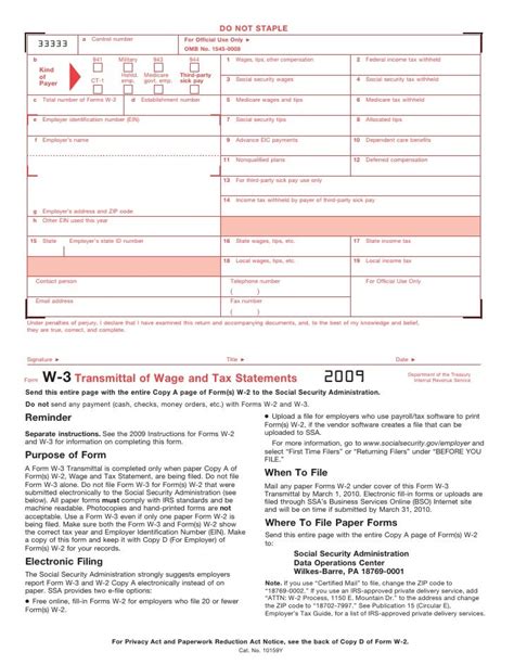 Form W-3 Transmittal of Wage and Tax Statements (Info Copy Only)