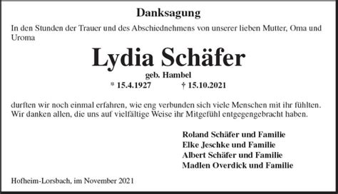 Traueranzeigen von Lydia Schäfer vrm trauer de