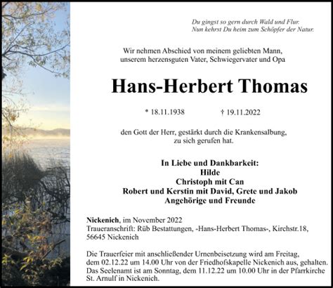 Traueranzeigen Von Hans Herbert Thomas Rz Trauer De