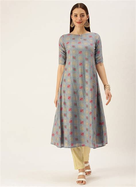 Buy Teen Girls Blue Foil Print Muslin N Beige Straight Pant Suit