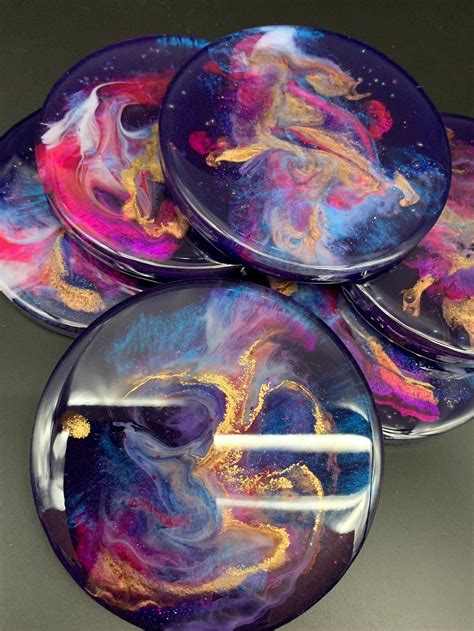 Galaxy Inspired Art Resin Coasters Set Of 6 Etsy Diy Resin Art