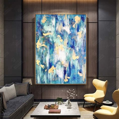 Navy Blue Gold Abstract Modern Acrylic Painting On Canvas Etsy