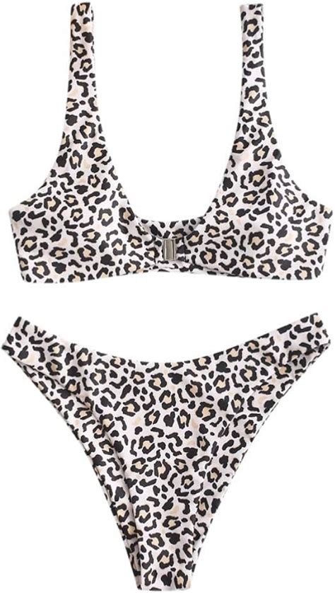 Zaful Damen Leopard Print Bikini Badeanzug Zweiteiliger Frontverschluss