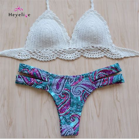 Sexy Crochet Bikini Set Thong Biquinis Swimwear For Women Knitted Push