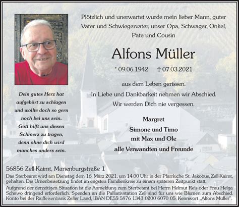 Traueranzeigen von Alfons Müller rz trauer de