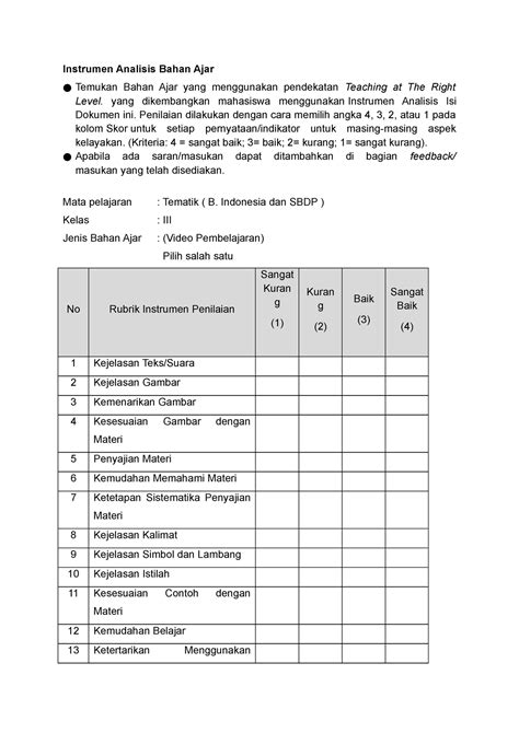 Instrumen Analisis Bahan Ajar Yang Dikembangkan Mahasiswa Menggunakan