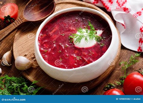 Borscht Soup In White Bowl With Sour Cream Stock Photo Image Of