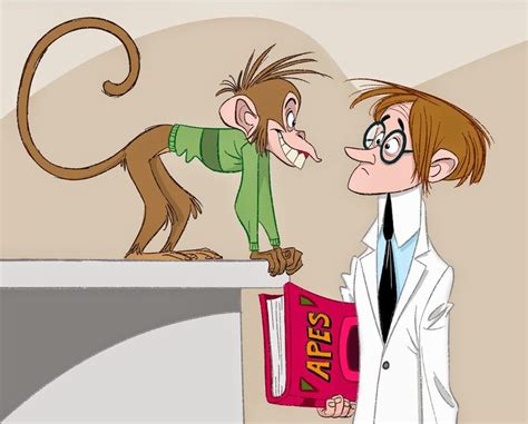 A Man In A Lab Coat Standing Next To A Monkey On Top Of A Desk