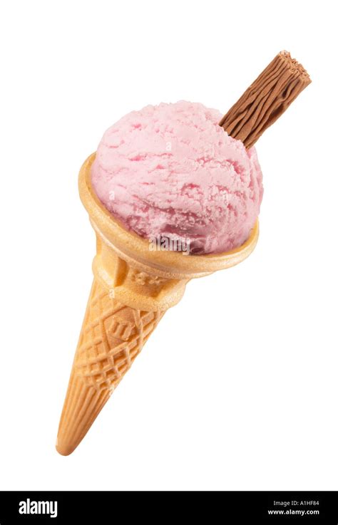 Strawberry Ice Cream Scoop In Cone With Chocolate Flake On White Stock