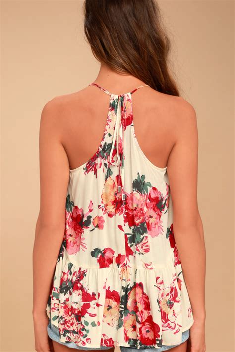 Cute Cream Floral Print Top Tank Top Sleeveless Top