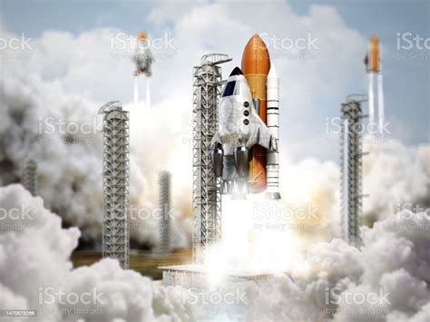 Futuristic Space Shuttles Launch 3d Illustration Of Space Rockets ...