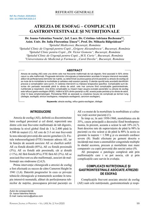 PDF Atrezia de esofag complicaţii gastrointestinale şi nutriţionale