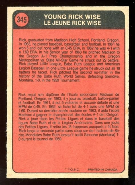 1972 TOPPS OPC O PEE CHEE Baseball 345 Rick Wise NM Philladelphia