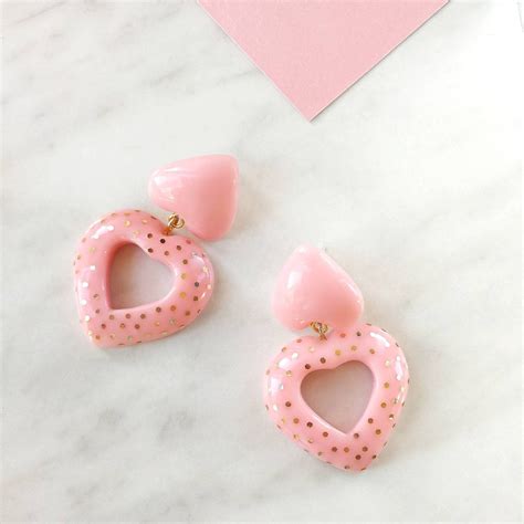 Light Pink Earrings Heart Studs Dangle Ear Jewelry Double Etsy