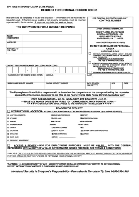 Form Sp 4 164 Pennsylvania State Police Request For Criminal Record