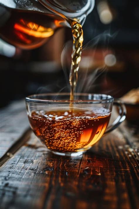 Pouring Brown Tea Into Glass Cup Pouring Black Tea From Teapot Aromatic Hot Tonic Beverage