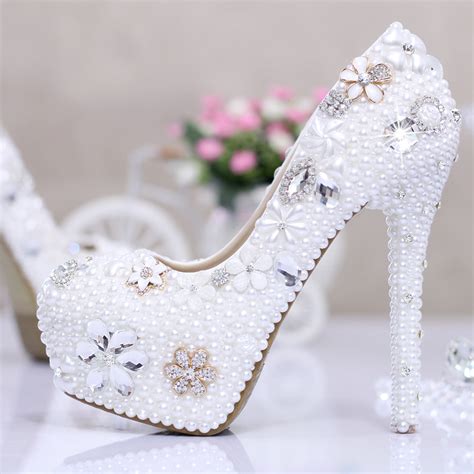 7.5 size White rhinestone wedding shoes 14 cm high heels platform shoes bridal party pumps ...