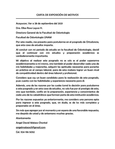 Ejemplo base de una carta de exposición de motivos CARTA DE